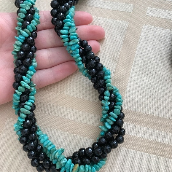 14k Turquoise Black Jet Bracelet Necklace Set - Picture 5 of 12